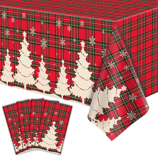 4 Pack Christmas Tablecloths – Buffalo Plaid Checkered Covers with Trees & Snowflakes