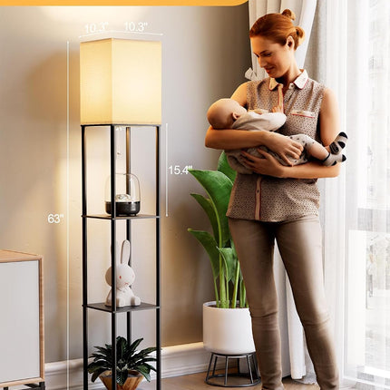 Floor Lamp with 3-Tier Shelves, 3 CCT LED Bulb and White Linen Shade for Living Room