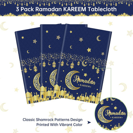 3-Pack Ramadan Tablecloth Set – Blue & Gold Eid Moon Star Plastic Covers