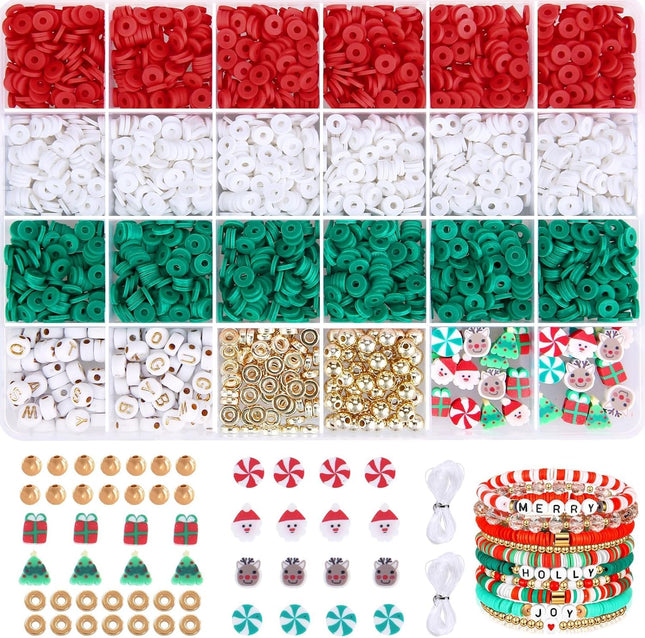 Christmas Clay Beads Set Xmas Colors Flat Round Polymer Beads with Charms