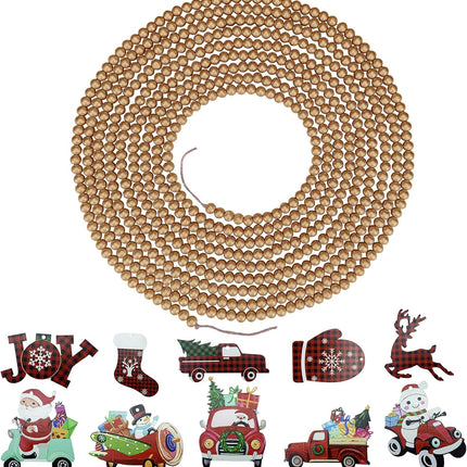 19ft Gold Wooden Bead Garland – Christmas Boho Decor with 10 Hanging Crafts