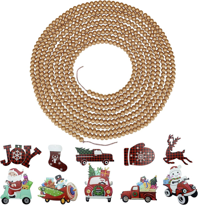19ft Gold Wooden Bead Garland – Christmas Boho Decor with 10 Hanging Crafts