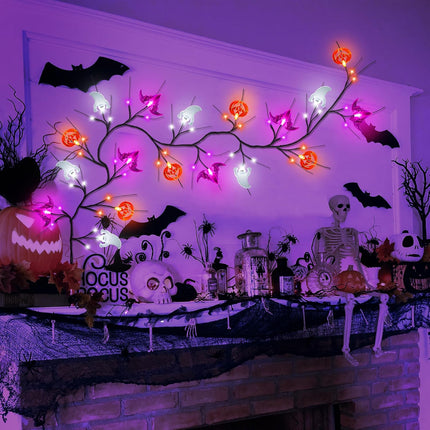 6FT Halloween Willow Vine Garland with Pumpkin Bat Ghost Lights, 8 Modes, Waterproof