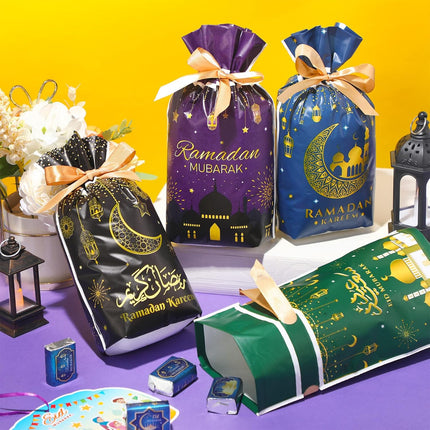 40 Pcs Eid Mubarak Gift Bags – Ramadan Theme, Drawstring, 4 Designs