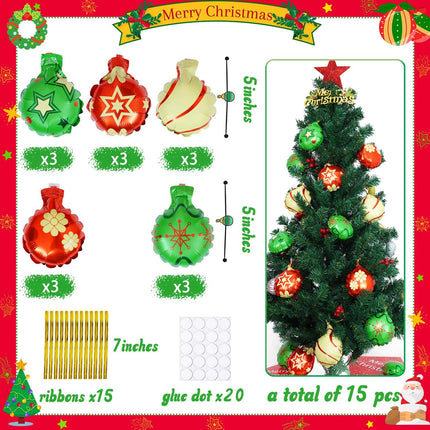 15 PCS Christmas Balloon Ornaments – Red, Green & Gold 5.1" Hanging Balls