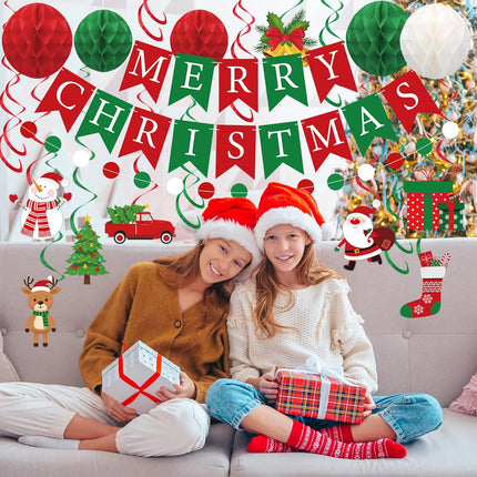 Merry Christmas Party Decorations Pre-Strung Red & Green Banner with Honeycomb Balls