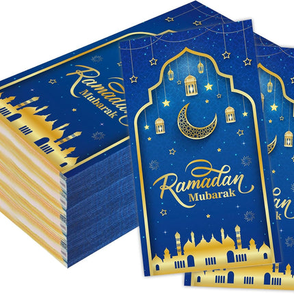 100 PCS Eid Mubarak Napkins – Blue & Gold, 2-Ply, Disposable Party Napkins
