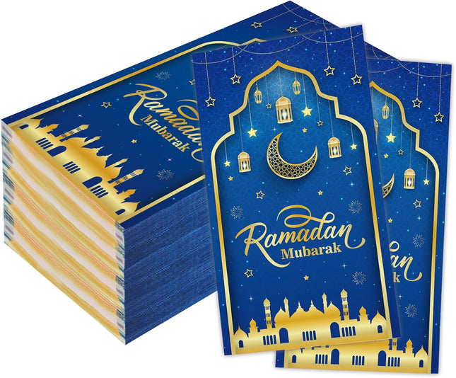 100 PCS Eid Mubarak Napkins – Blue & Gold, 2-Ply, Disposable Party Napkins