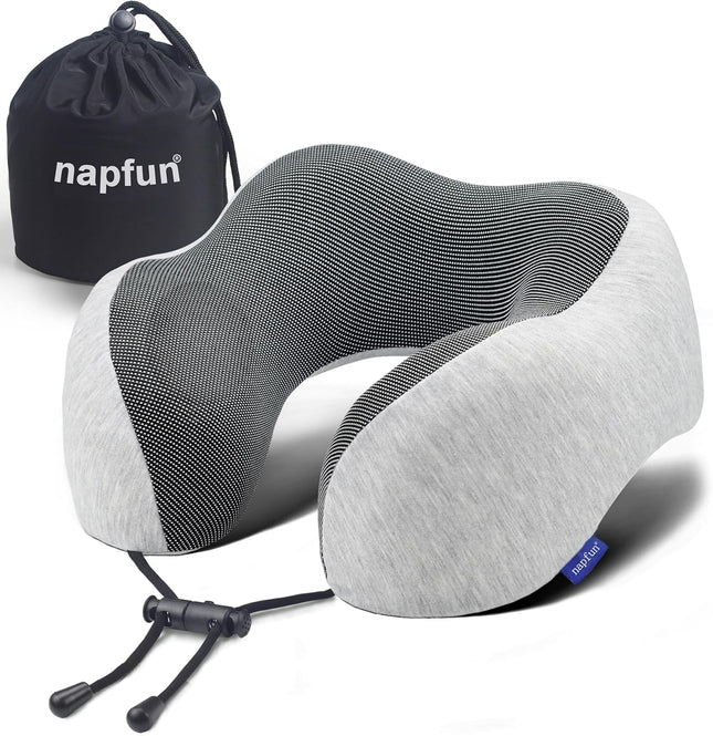 Travel Neck Pillow – Upgraded Memory Foam, Airplane Headrest, Light Grey