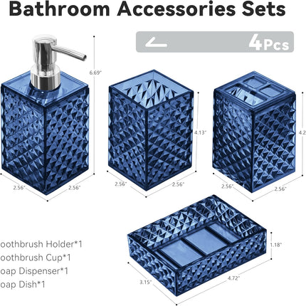 4-Piece Blue Plastic Bathroom Accessories Set Diamond Pattern Soap Dispenser Holder