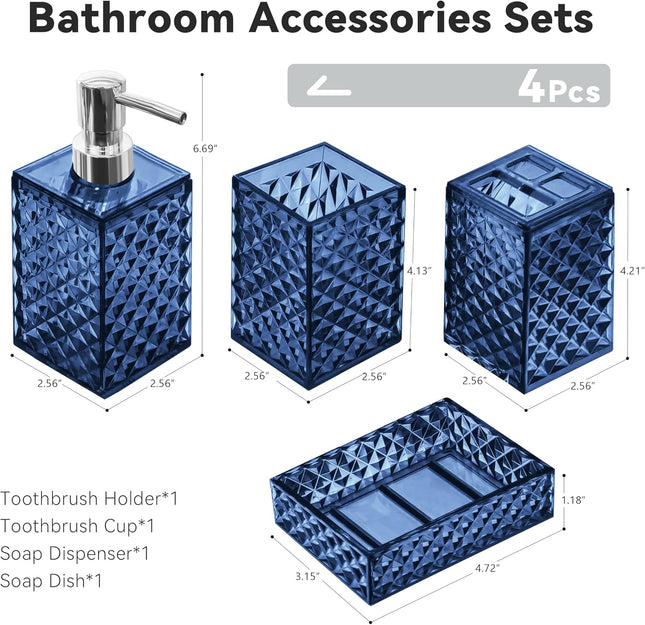 4-Piece Blue Plastic Bathroom Accessories Set Diamond Pattern Soap Dispenser Holder