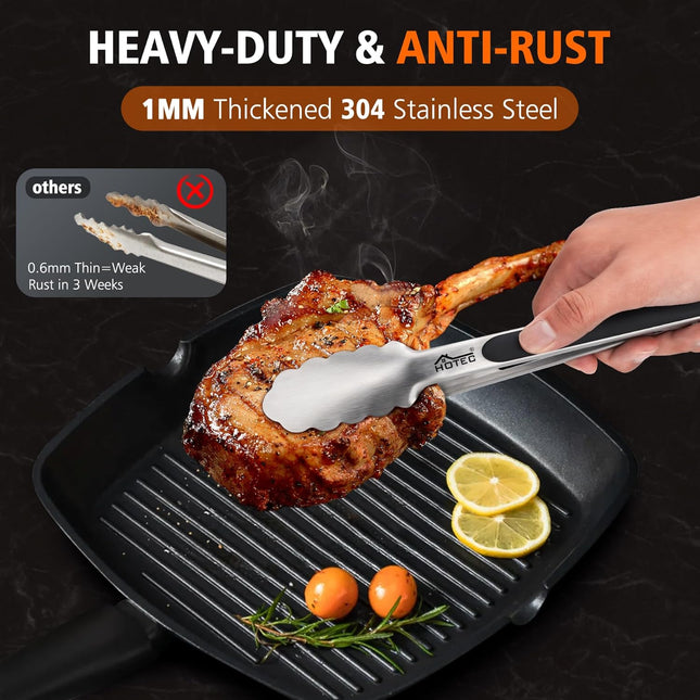 Set of 2 Stainless Steel Kitchen Tongs – 9" & 12", Locking Food Tongs for BBQ & Cooking