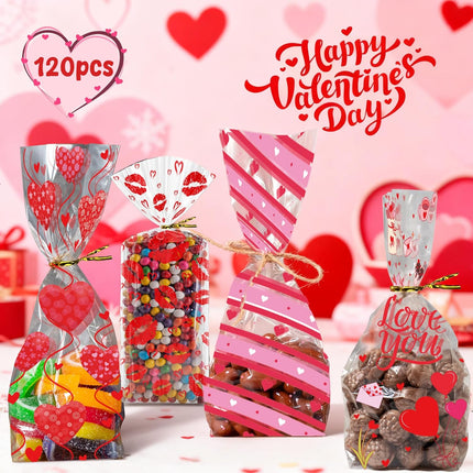 120 PCS Valentine’s Gift Bags: Heart Kiss Cellophane Candy Treat Bags for Kids