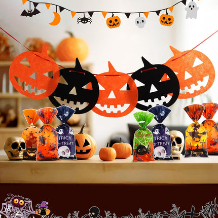 50-Piece Halloween Treat Bags, Clear Cellophane Candy Goodie Bags with Ties