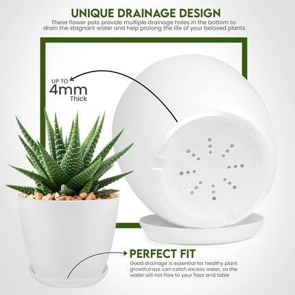 5 Pack Indoor Plant Pots with Drainage, Multi-Size White Plastic Planters Set