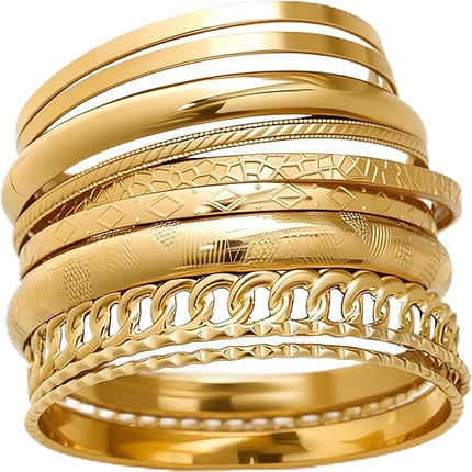 14K Gold Plated Bangles – Women’s Stackable Boho Multi-Layer Set