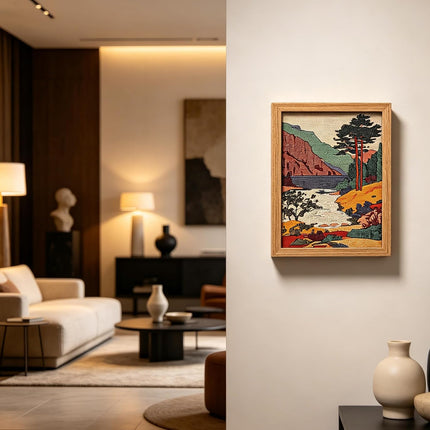 Framed Vintage Japanese Landscape Canvas Wall Art, Retro Mountain River Print