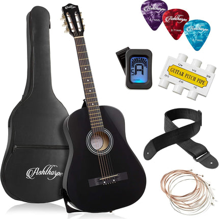 38-Inch Beginner Acoustic Guitar Kit – Black, Gig Bag, Strings, Tuner & Picks