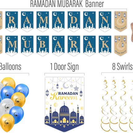 2026 Ramadan Home Decor Set: Wreath, 2 Banners, 18 Balloons & Mubarak Gifts