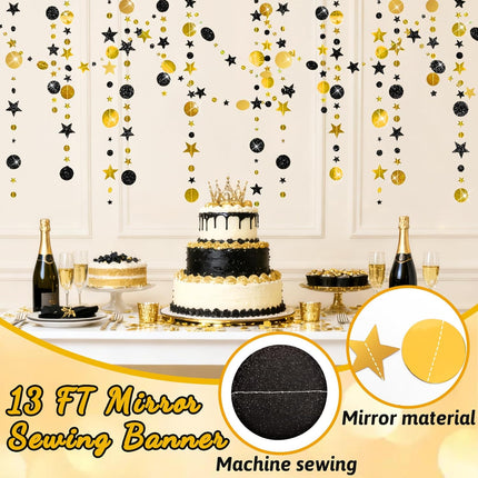 4 PCS Happy New Year 2026 Banner Black Gold Glitter Circle Star Garland