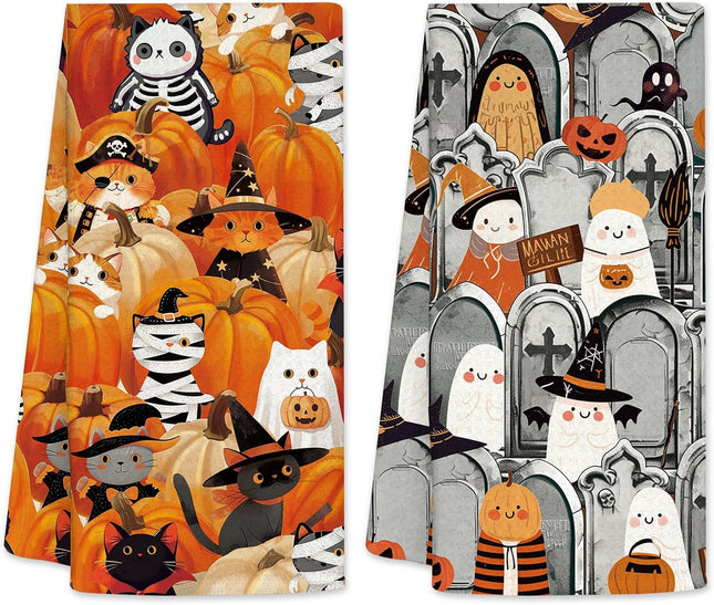 Cat Lover Kitchen Towels 2-Pack, Pumpkin Waffle Towels for Christmas & Fall