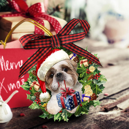 Shih Tzu Christmas Hat Wreath – Cute Dog Lover Wooden Ornament Décor