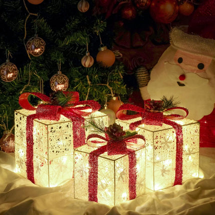 3PCS Christmas Lighted Gift Boxes – Battery Operated with Warm White LED Lights