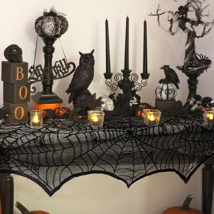 Halloween Black Lace Spiderweb Mantel Scarf 18x96in, Fireplace Party Decor