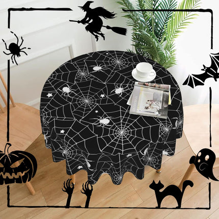 60in Round Black Halloween Spider Web Tablecloth, Waterproof Wipeable Table Cover