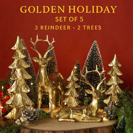 5Pcs Gold Reindeer & Christmas Tree Statue Set – Tabletop Holiday Decor (Gold/Silver)