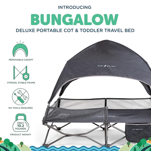 Baby Delight Go with Me Bungalow Deluxe Portable Toddler Travel Cot with Sun Canopy, Grey
