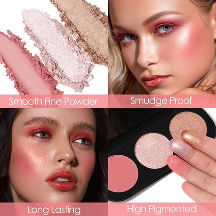 3-in-1 Blush & Highlighter Palette #03, Matte Shimmer Powder Makeup, Cruelty-Free Glow