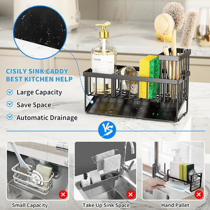 Sink Caddy Sponge Holder with Brush & Stainless Steel Self-Drain Tray for Kitchen