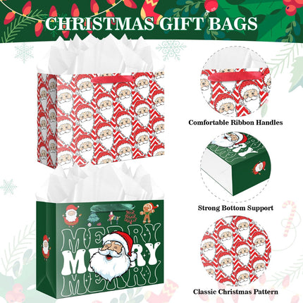2PCS Large Christmas Gift Bags with Tissue Paper and Card Santa Claus