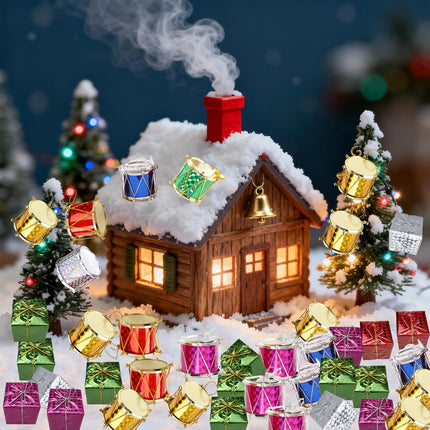 96PCS Mini Christmas Ornaments – Metallic Gift Boxes & Drum Decorations