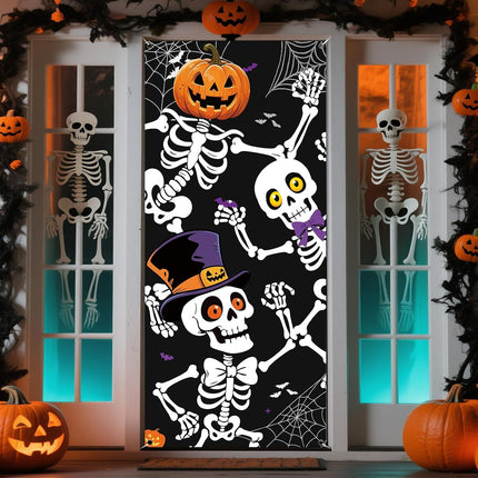 79x35in Halloween Skeleton Door Cover, Spooky Sign Banner for Haunted House Decor
