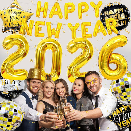 New Year 2026 Balloon Set – Gold Foil & Disco Ball NYE Party Supplies