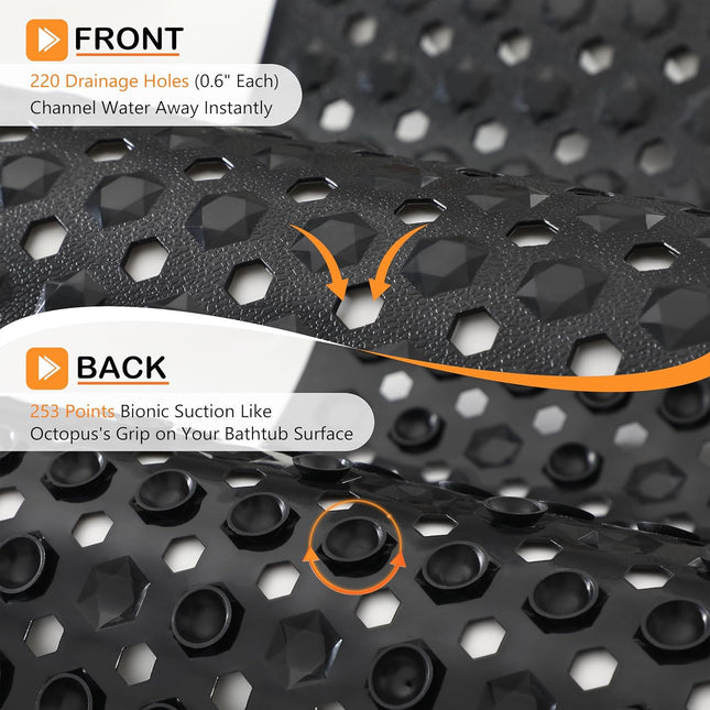 Long Shower Bath Mat with Strong Suction Cups Machine Washable Black
