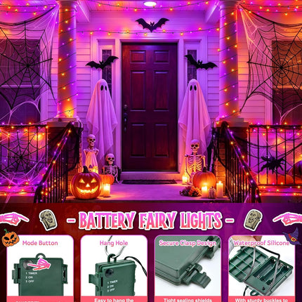 39FT 120LED Halloween String Lights, Orange Purple, Timer, IP65 Waterproof Outdoor