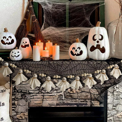 White Ghost Halloween Garland with Wood Beads, Cute Banner for Wall, Mantel & Door