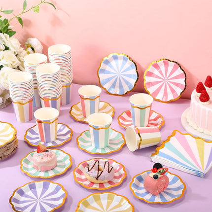 108-Piece Colorful Party Set – Pastel Striped Plates, Napkins & Cups