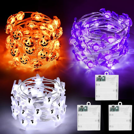 9.8FT 30LED Halloween String Lights, Pumpkin Ghost Bat, Timer, Battery Operated