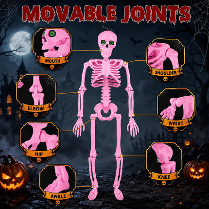 6-Pack 16in Pink Halloween Skeletons with Eyes & Box, Indoor Outdoor Yard Decor