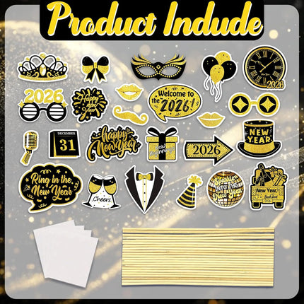 24-Piece 2026 NYE Photo Booth Props – Black & Gold Party Favor Set