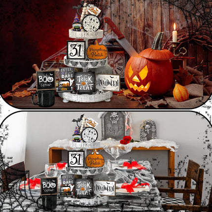 14-Piece Halloween Tiered Tray Decor, Ghost Pumpkin Wood Signs, Rustic Farmhouse