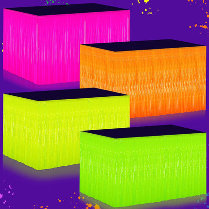 4-Pack Glow in the Dark Tinsel Table Skirts – Neon UV Party Decorations