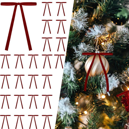 24PCS Velvet Christmas Bows – Wine Red Rustic Ribbon Bows for Tree & Wreaths