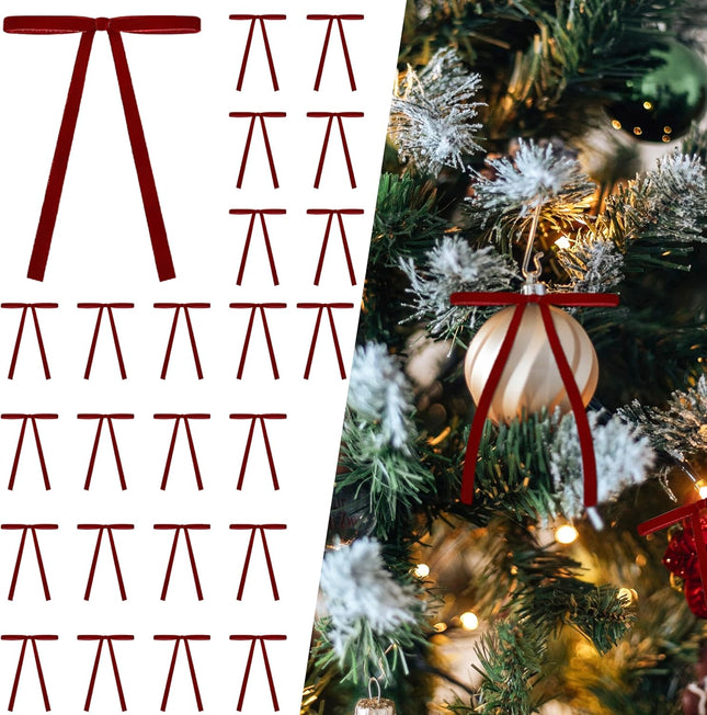24PCS Velvet Christmas Bows – Wine Red Rustic Ribbon Bows for Tree & Wreaths