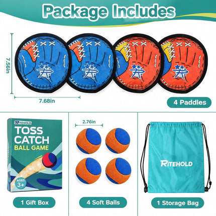 4 Player Toss and Catch Ball Game Set with 4 Paddles, 4 Sticky Balls and Carry Bag
