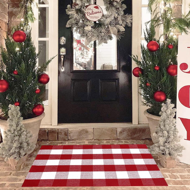 Christmas Plaid Door Mat – 28x43" Buffalo Check Rug for Porch & Entryway